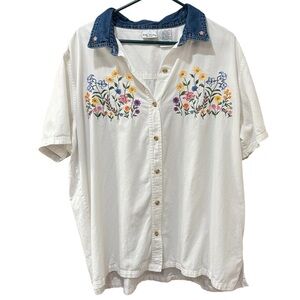 Cottagecore embroidered button down with denim accent, 22/24W
